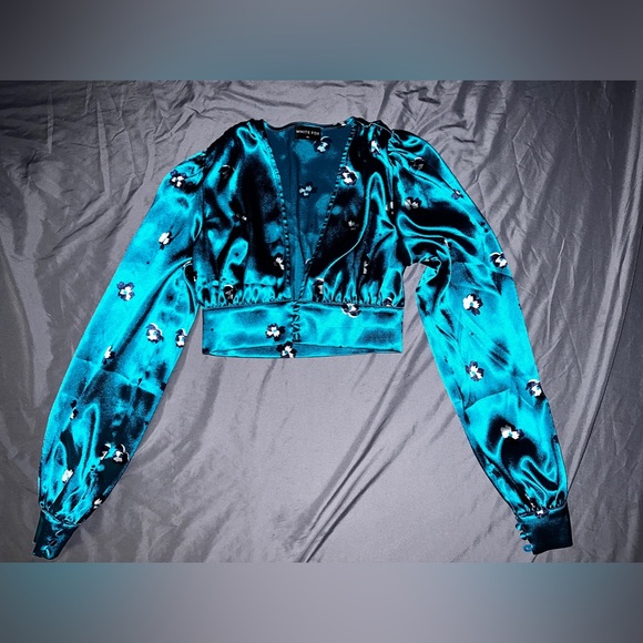 Turquoise Plunge Long Sleeve Crop Top XS - Picture 1 of 2